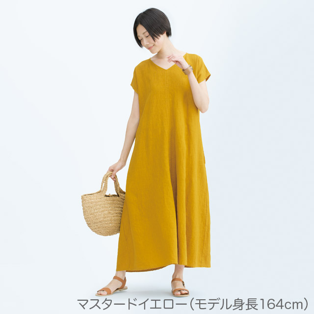 安心の国内縫製 リネン フレアロングワンピース リネン100 エコデパジャパン