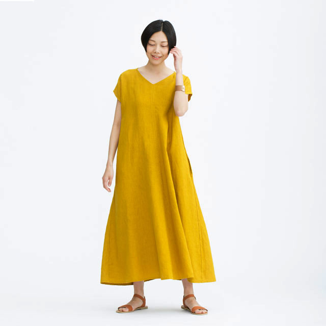 安心の国内縫製 リネン フレアロングワンピース リネン100 エコデパジャパン
