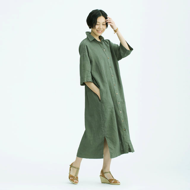 安心の国内縫製 リネン シャツワンピース リネン100 エコデパジャパン
